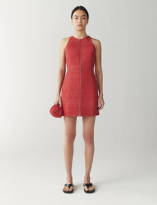 The Zip-Front Mini Dress in Silk Linen Slub Tuscan Red / 0